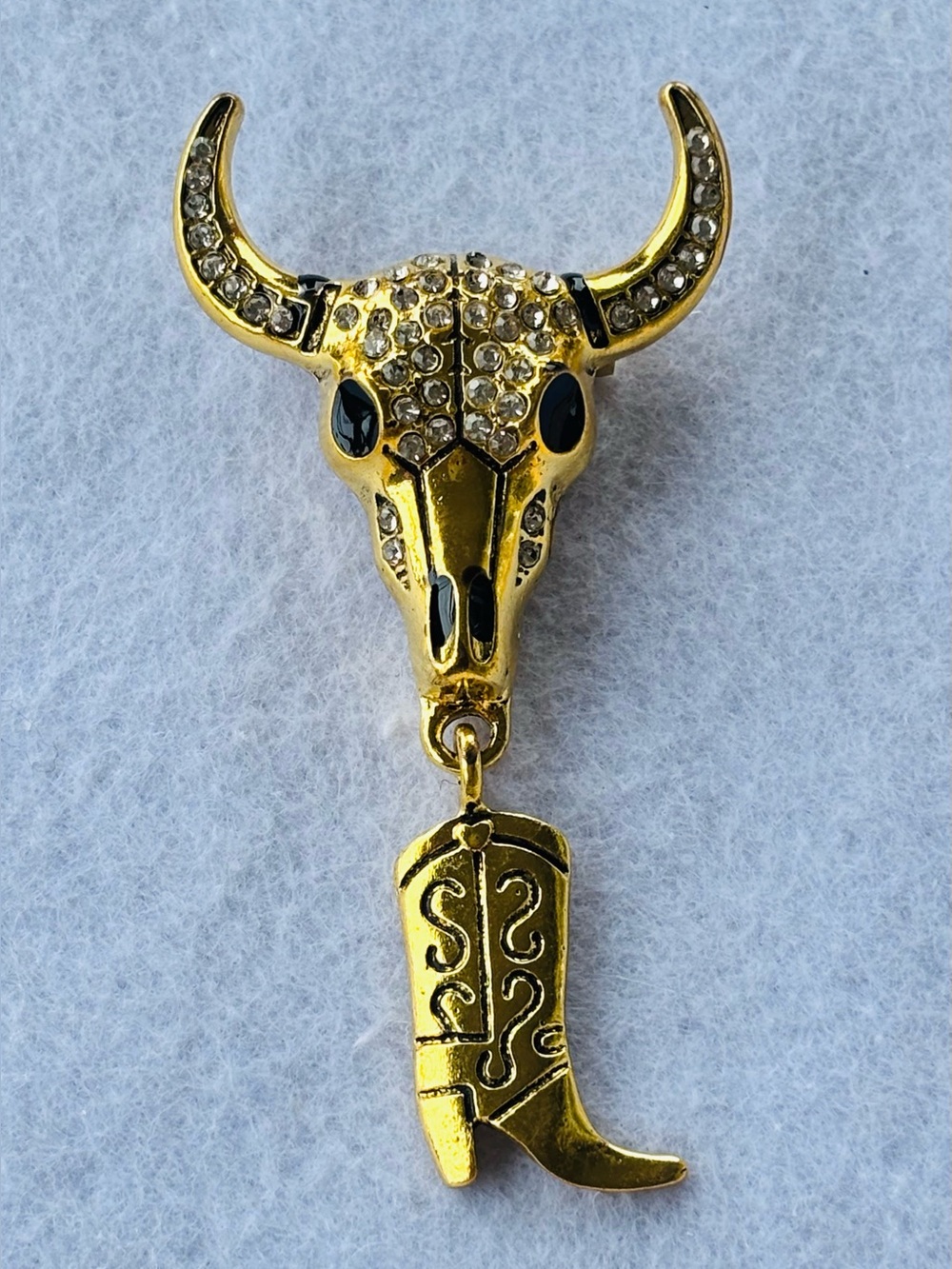 Western Longhorn Skull & Cowboy Boot Dangle Brooch Gold Tone Rhinestone